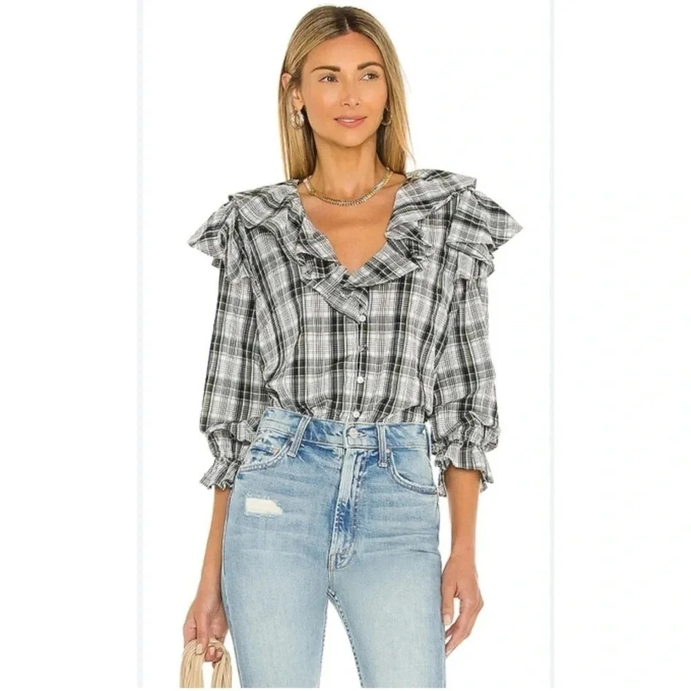 Veronica Beard Itha Plaid Ruffle Button Down Top Size 6